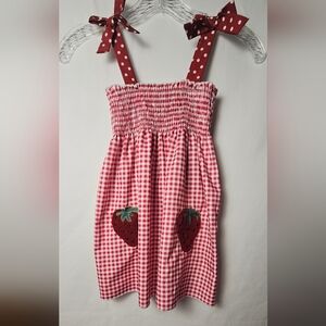 Girl's SHEIN Size 5y Strawberry Patch Gingham Print Sun Dress Tie Staps T1